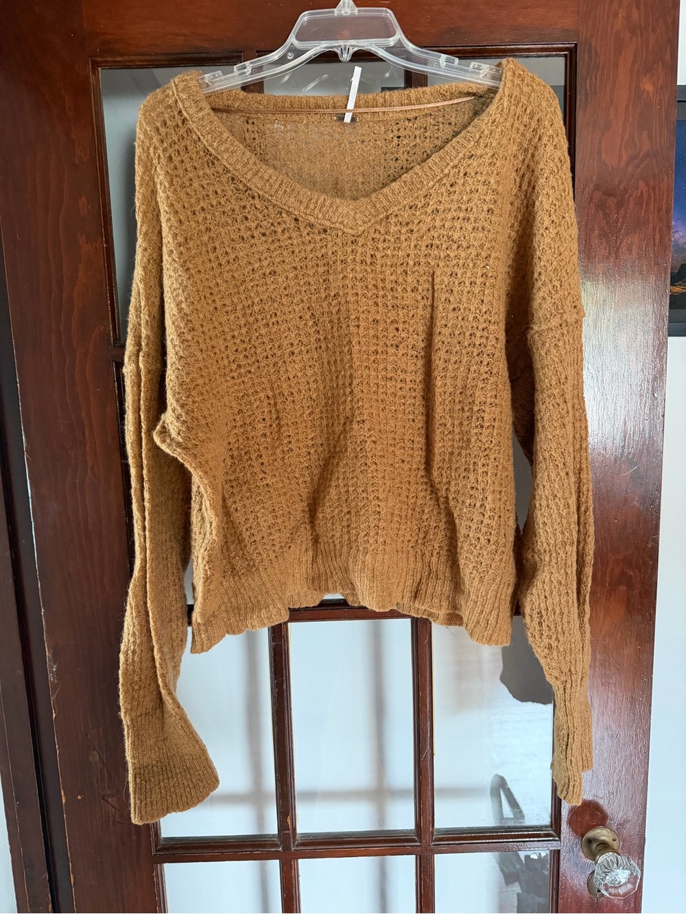Free People V-Neck Waffle Knit Sweater - Camel Brown